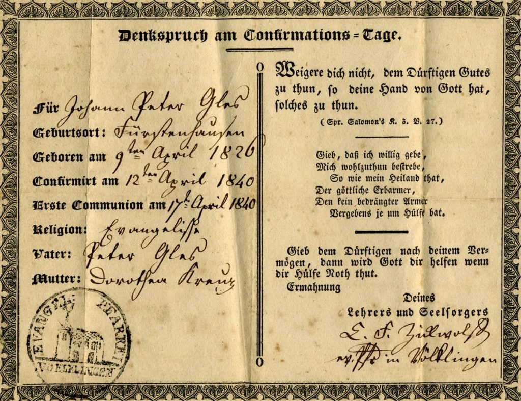 Confirmation certificate for Johann Peter Glass