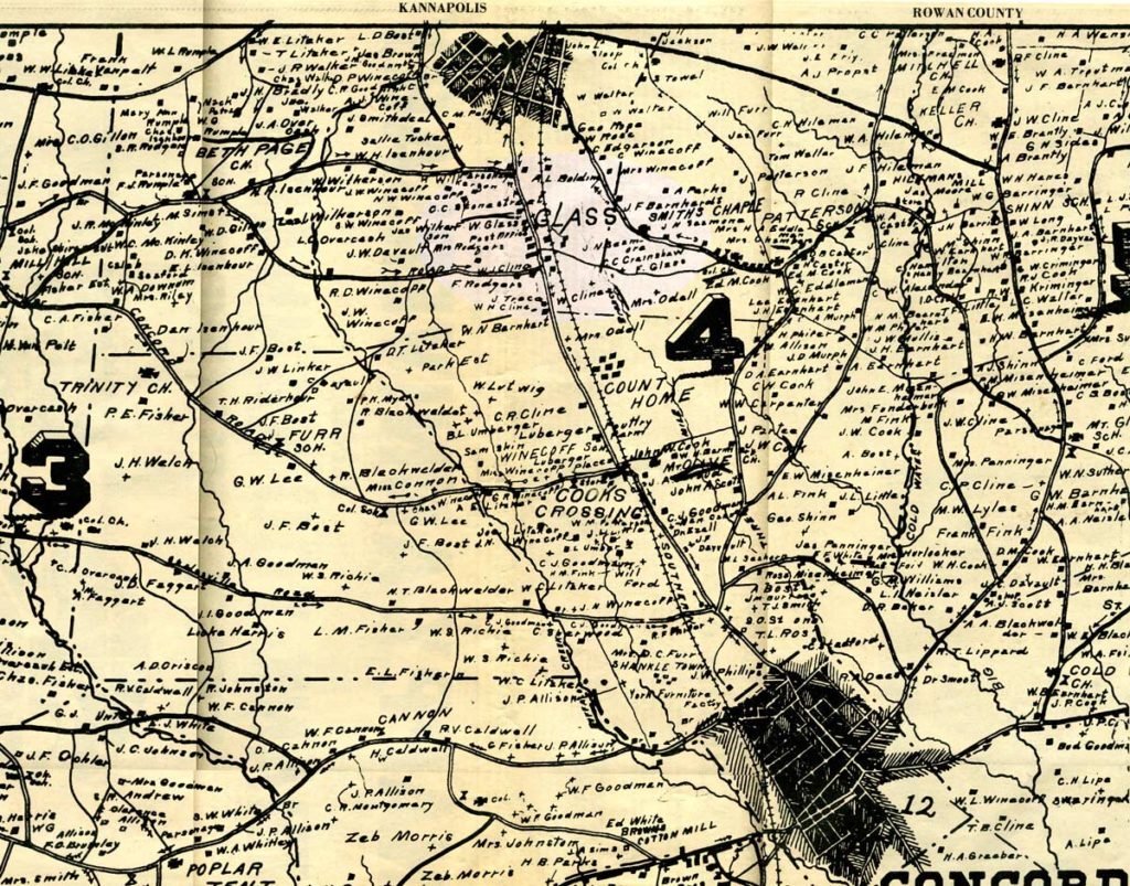 Map containing the town of Glass