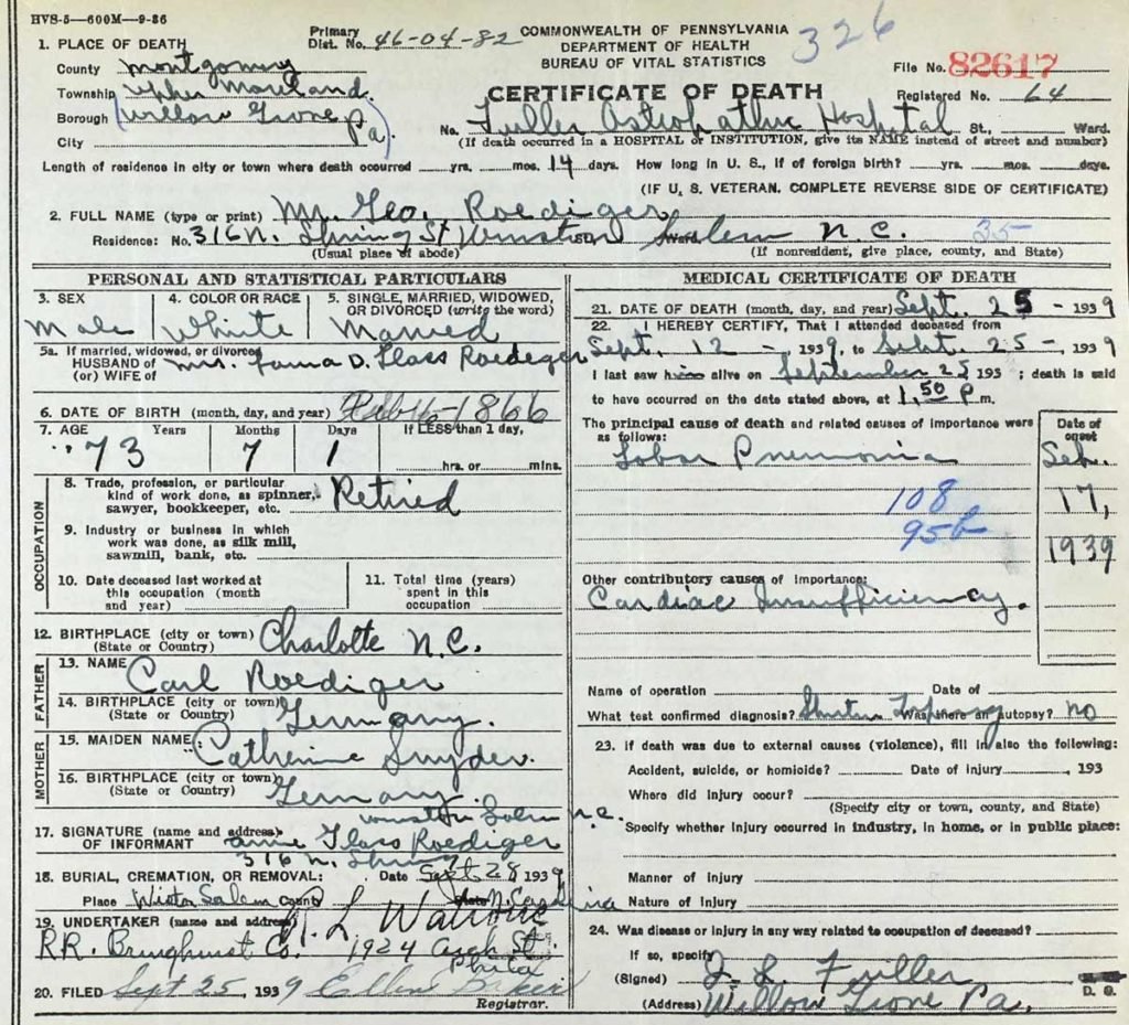 Death certificate - George Roediger