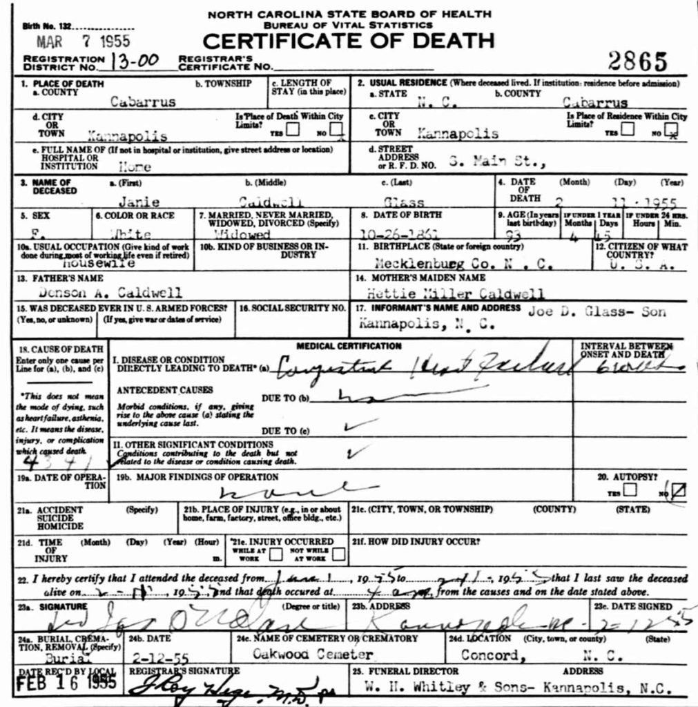 Janie D Caldwell Glass death certificate