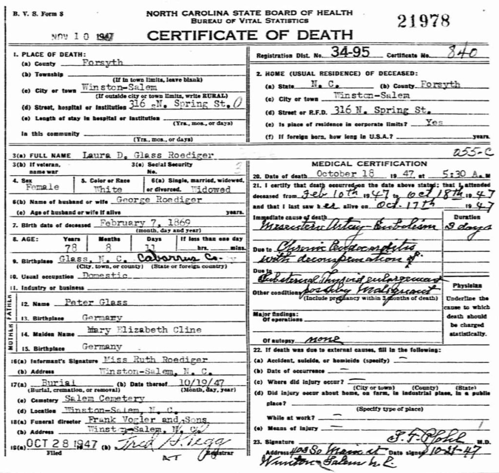 Death certificate - Laura Glass Roediger