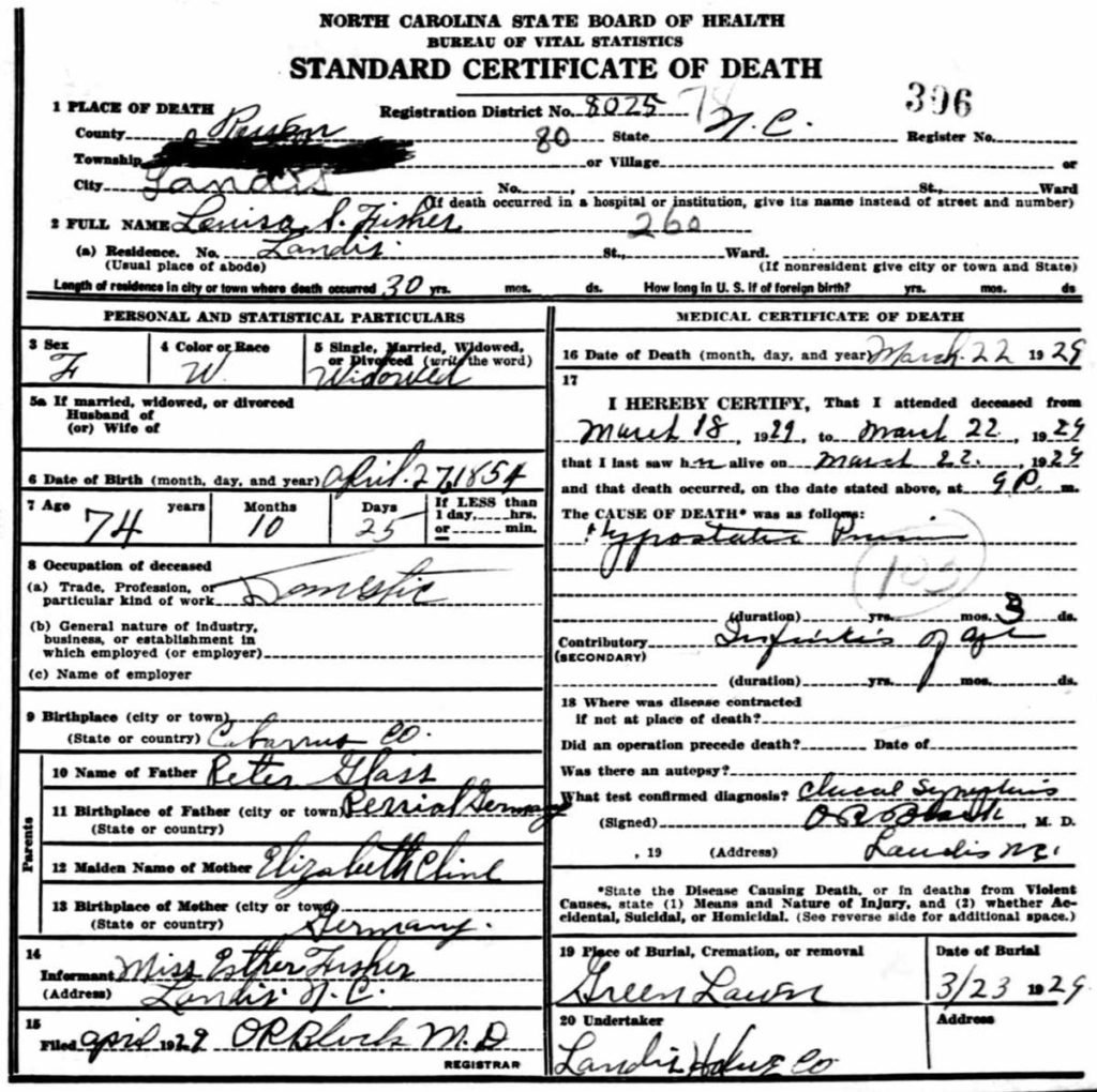 Death certificate - Louisa Glass Fisher
