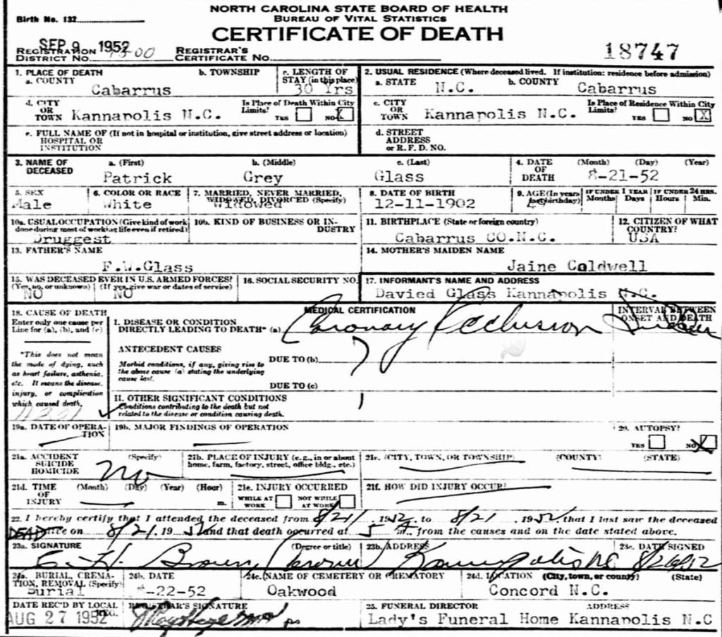 Patrick Grey Glass death certificate