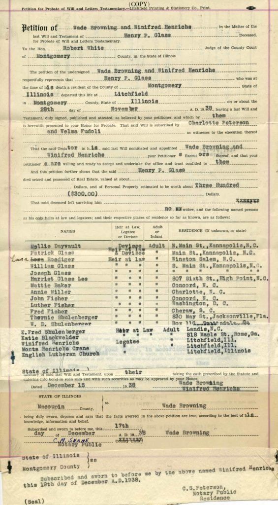 Henry Peter Glass petition for probate