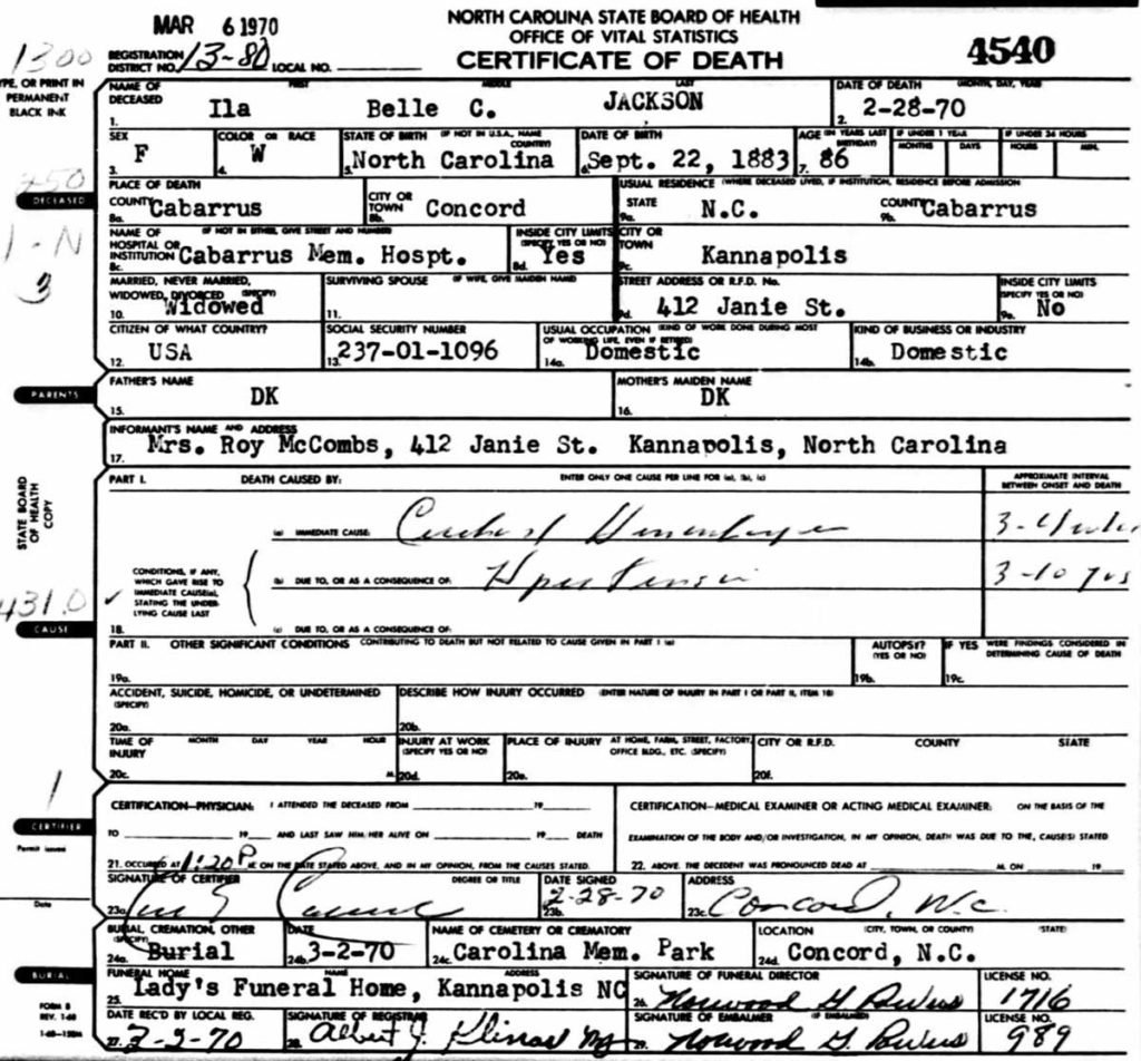 Ila Belle Chambers Jackson death certificate
