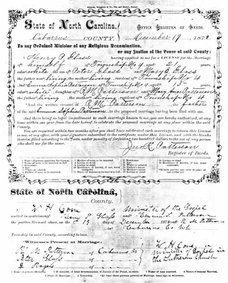 Marriage record of Henry Glass & Emma Sophia Patterson